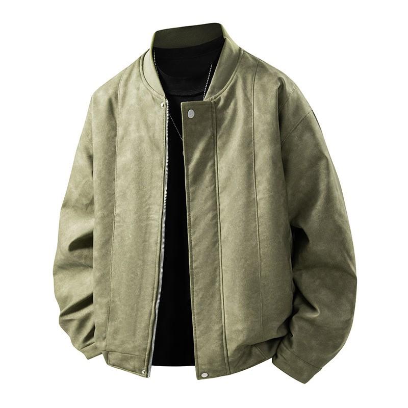 Mens Casual Cotton Blend Faux Leather Bomber Jacket Loose Fit Stand Collar Outerwear