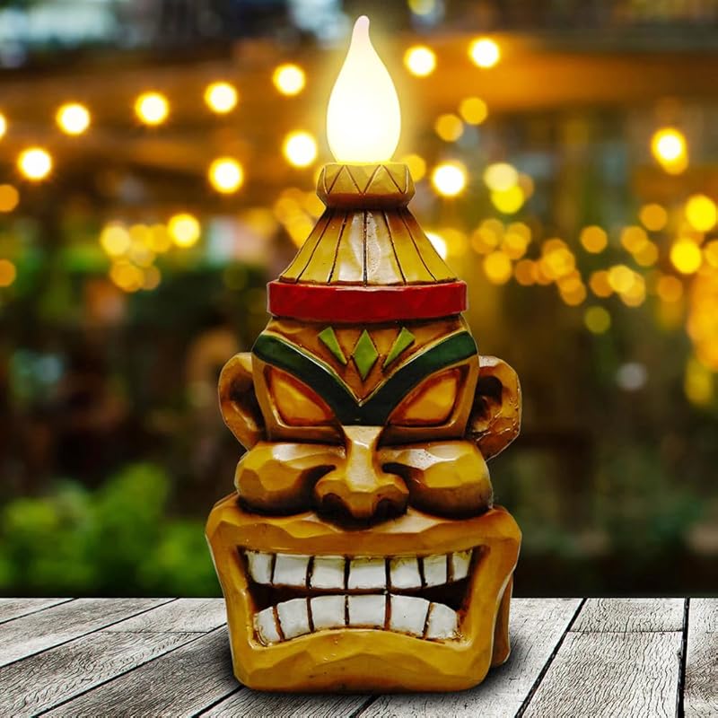 Outdoor Tiki Statue Decoration-Solar Power Light Tiki Garden Statues-Tiki Bar Decor Totem Pole Waterproof Figurines for Torch Tiki