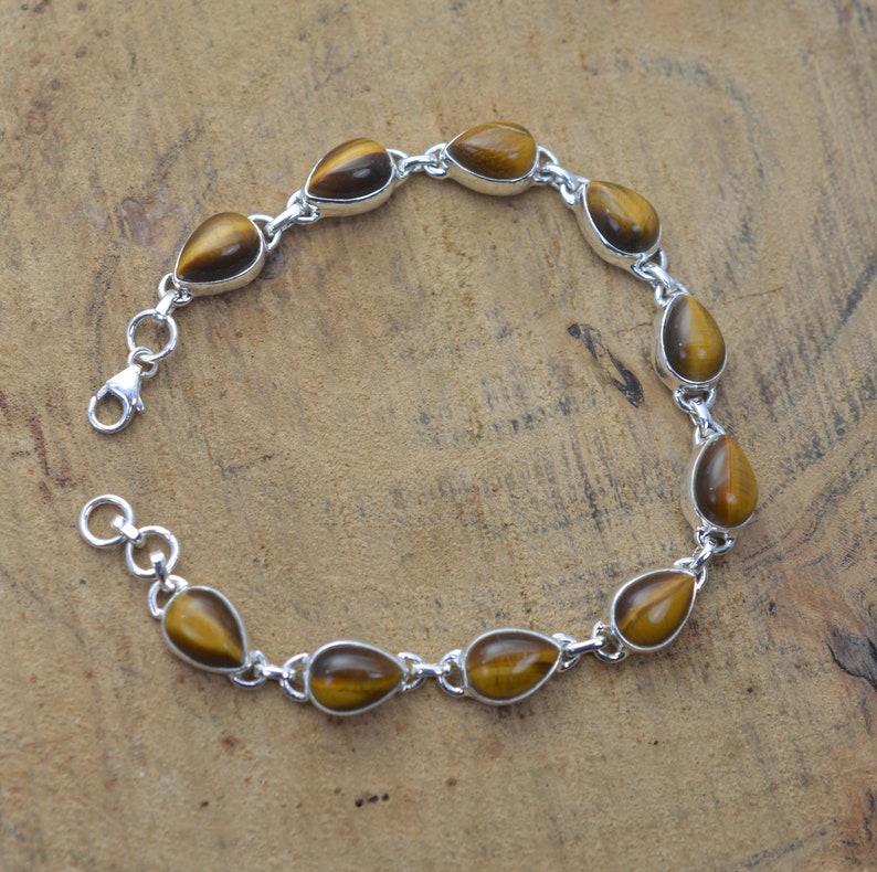 Solid 925 Sterling Silver Tiger Eye Pear Cabochon Gemstone Handmade Boho Bracelet Gift For Her 7 inch