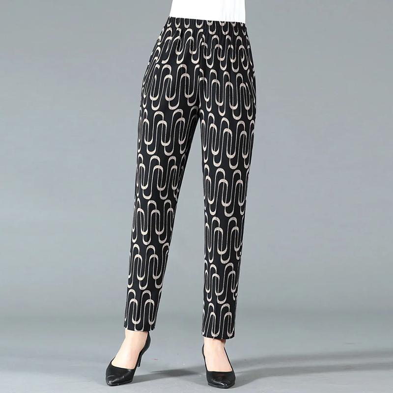 

WTEMPO Ретро элегантный принтованный эластичный с высокой талией тонкий свободный укороченный брюки для мам женские весенне-летние брюки из ледяного шелка с широкими штанинами One Size