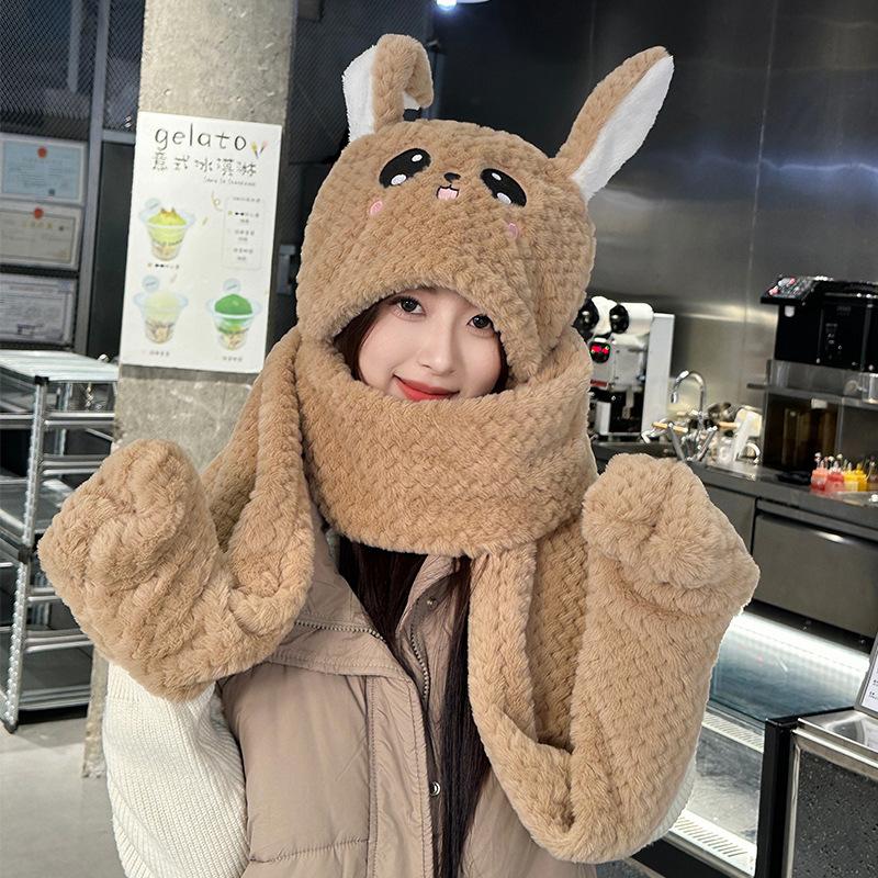 Rabbit ears move hat lady autumn and winter cute thickened warm scarf gloves integrated hooded pullover