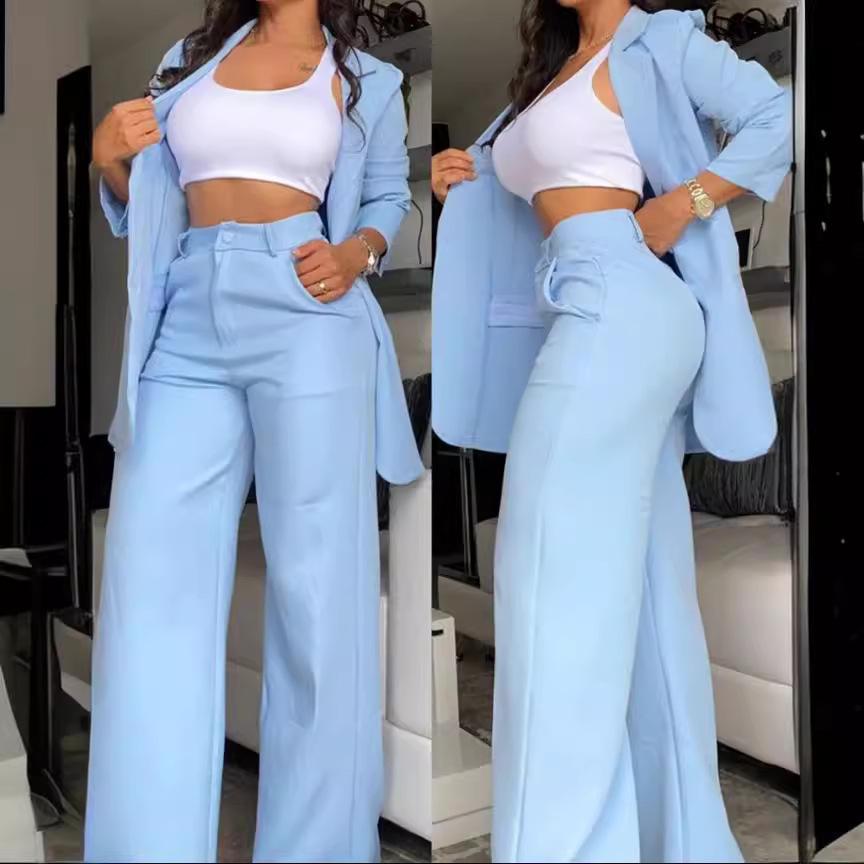 

Elegant Solid Color Split Sleeve Suit & Straight Leg Pants Set for Women L
