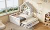 Wooden Platform Bed, House-Shaped, 140 X 200 Cm, with Trundle Bed, 3 Drawers and Safety Rails, White.