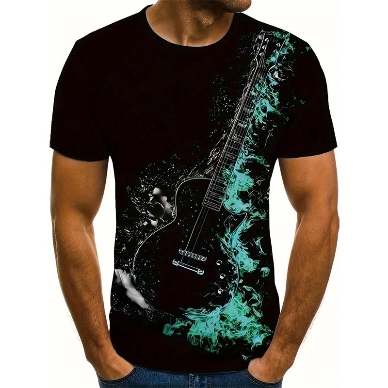 New Summer Men's Fashion T-shirt Personality Guitar Printed Men's T-shirt Top
