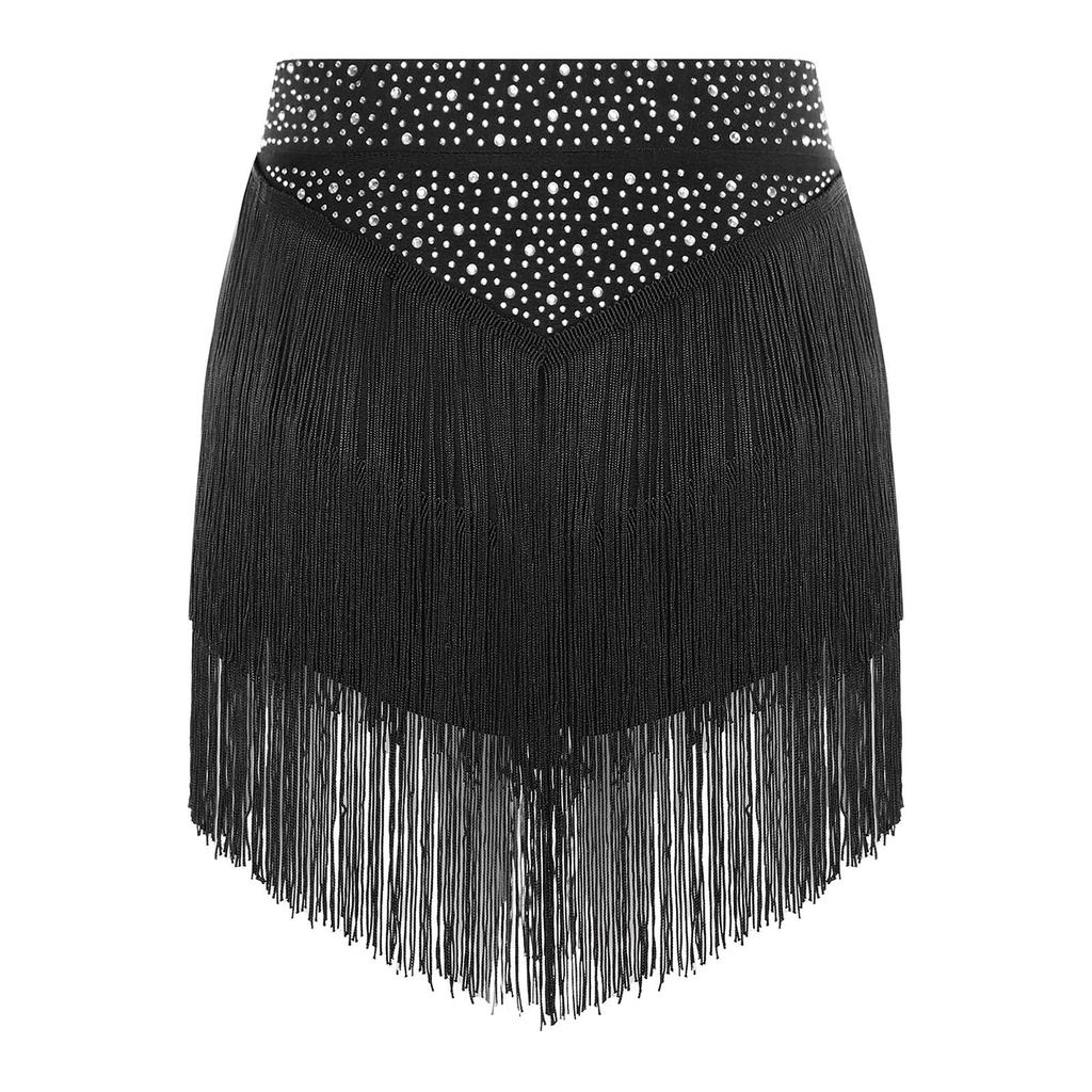 Womens Salsa Dance Costume Elastic Waist Tiered Tassel Skirt Latin Performance Competition Outfit Party Wear