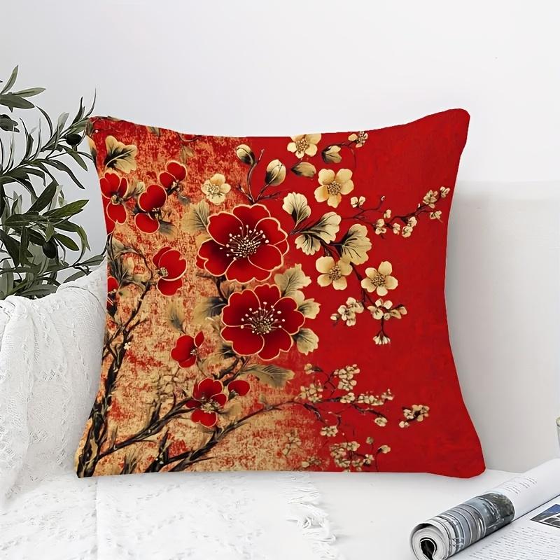 Double Sided Printed Red Gold Plum Blossom Pillow Cover Vintage Chinese Floral Print Soft Throw Pillow Case For Home Decor Gift