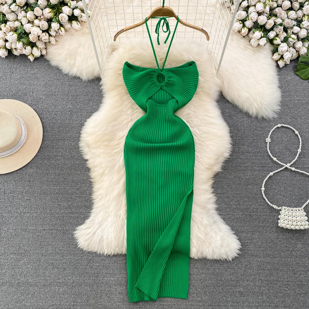 

Летнее женское платье Знаменитый темперамент с висячим вырезом и вырезом в обтяжку, с открытой спиной, без рукавов, средней длины, сплит-пакет, вязаное нижнее платье на бедрах One Size зелёный