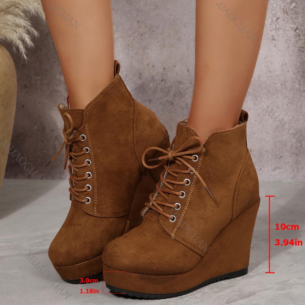 Fashion Wedges High Poe Heels Ankle Boots Women's Retro Suede Lace Up Autumn Shoes Casual Solid Platform Fashion Gladiator Botas Pumps