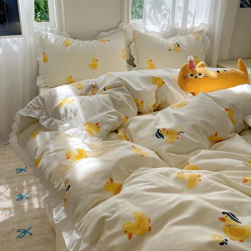 

Blue Floral Ruffle Duvet Cover Set Queen Flower Leaf Comforter Covers 4Pcs Soft Luxury Pastoral Garden Washed Cotton Bedding Set Flat Bed Sheet&Cover 150x200cm 4pcs