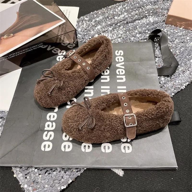 Fashion Autumn Winter Woman Shoe Real Wool Bowtie Decor Shallow Ballet Flat Shoe Women Round Toe Belt Buckle Comfortable Casual Shoe
