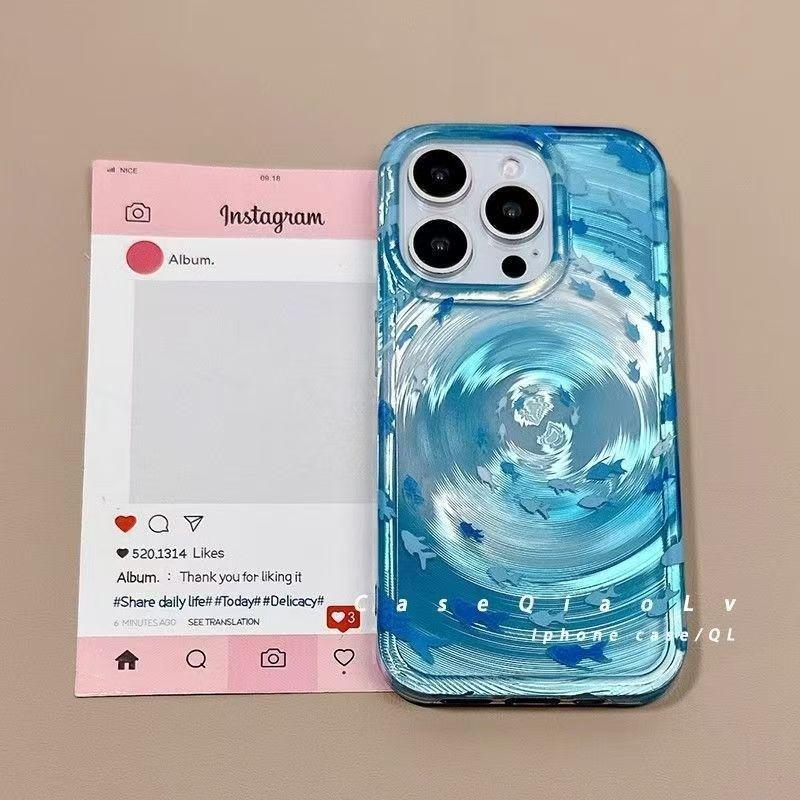 Transparent Blue Vortex Fish Water Ripple Pattern Case For iPhone 15 16 17 Pro Max 13 14 12 11 Glitter Cover With A Koi Pendant