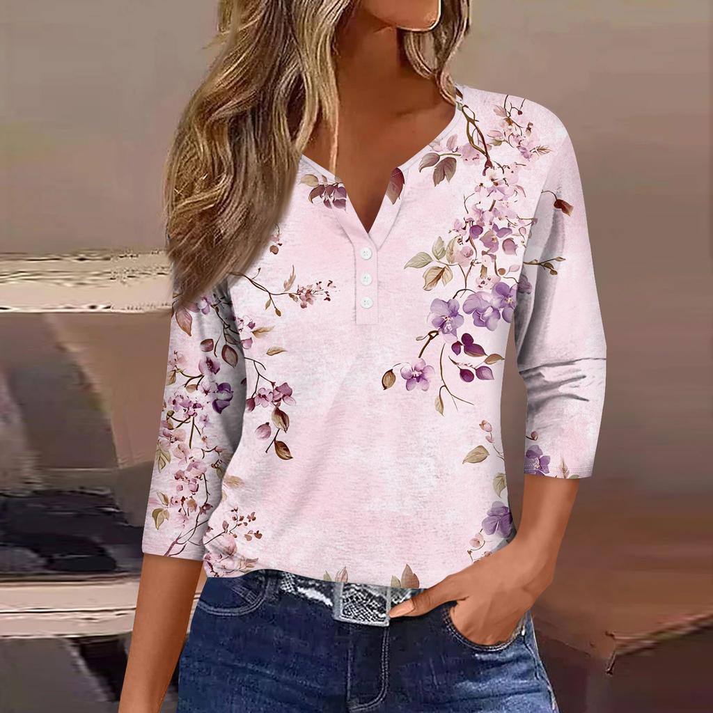 Women's Loose Casual Flower Print Seven Quarter Sleeved V-Neck Top Seven Quarter Sleeved V-Neck Top