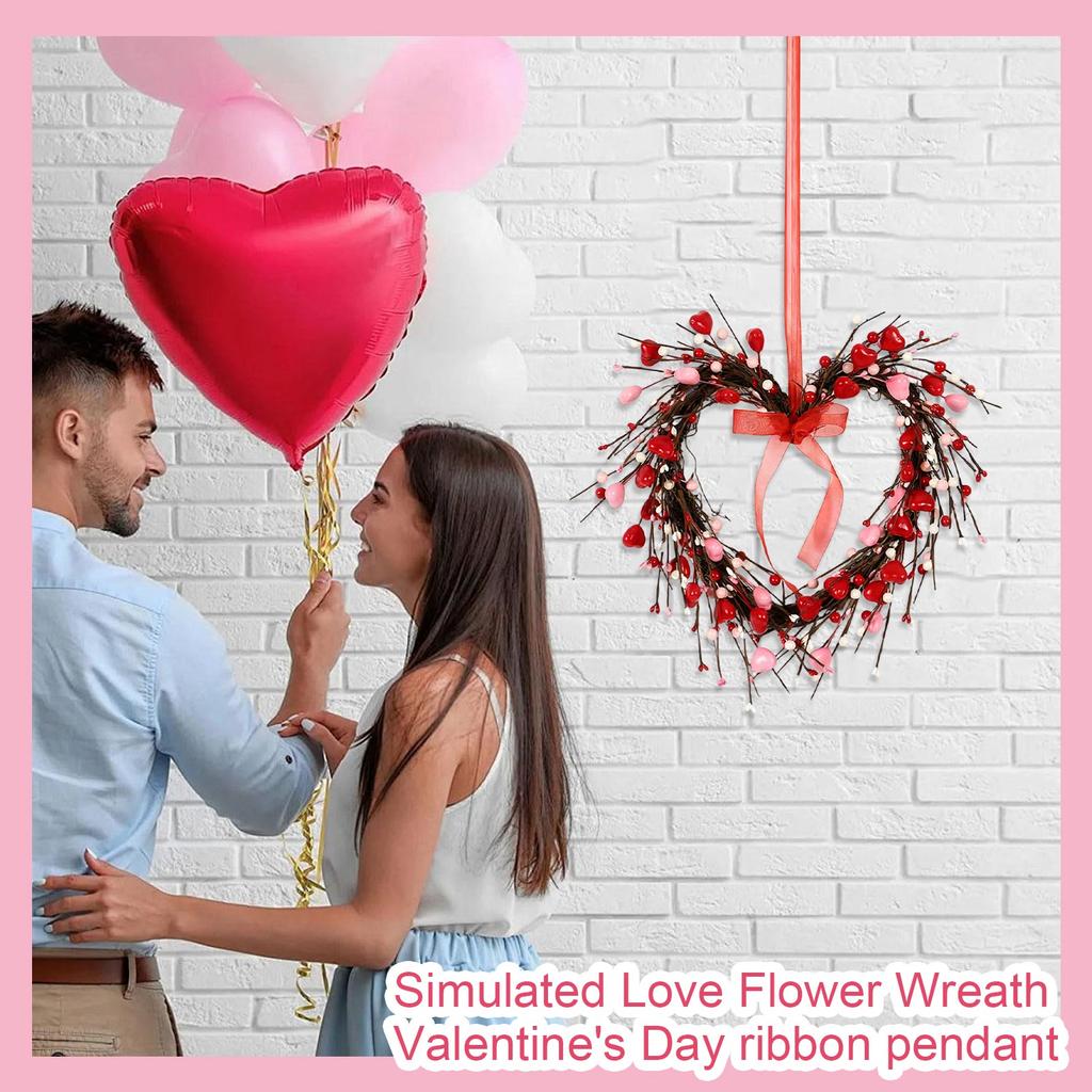 38cm Realistic Heart-shaped Floral Wreath, Valentine's Day Ribbon Pendant, Wedding Wreath Decoration.
