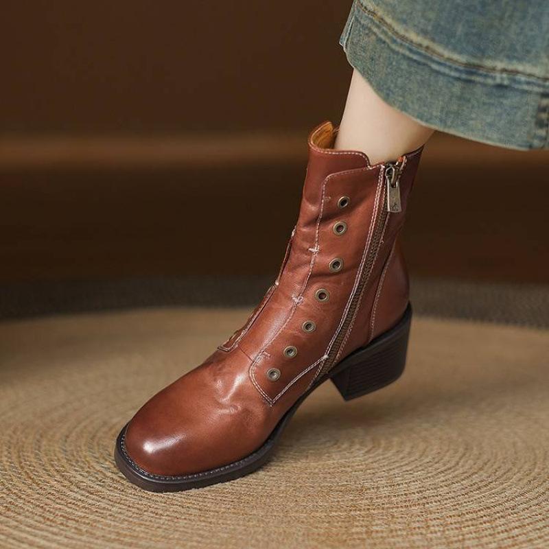 

New women s leather large size medium boots side zipper high heel women s boots square heel round head cowhide autumn and winter fashion boots 39