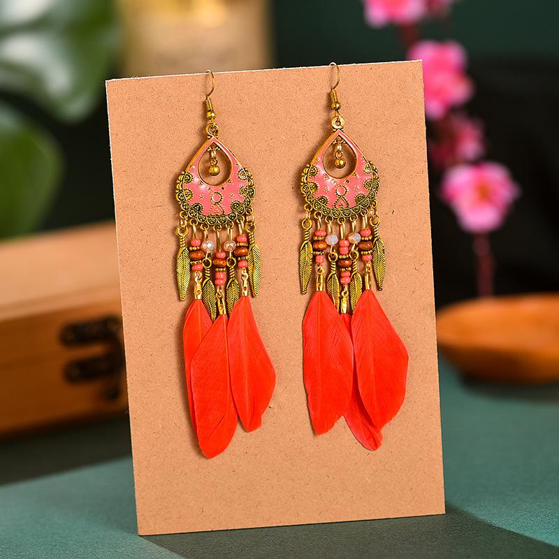 Bohemian Long Feather Drop Dangle Earrings For Women Beaded Handmade Carved Heart Enameled Earrings Boho Vintage Indian Zircon