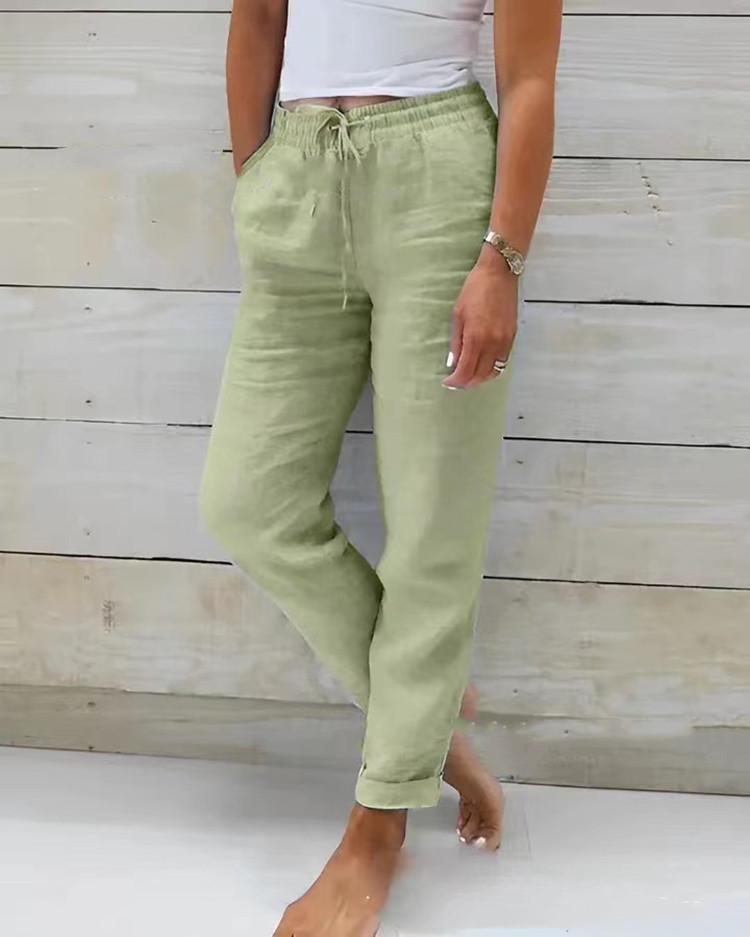 Women's Drawstring Waist Casual Pants Loose Fit Trousers Solid Color Cotton Linen Ankle Pants For Daily Leisure Wear