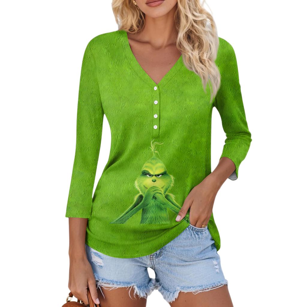 Women's Casual Fashion Sexy Comfortable Christmas Print V-Neck Button Three-quarter Sleeve Top