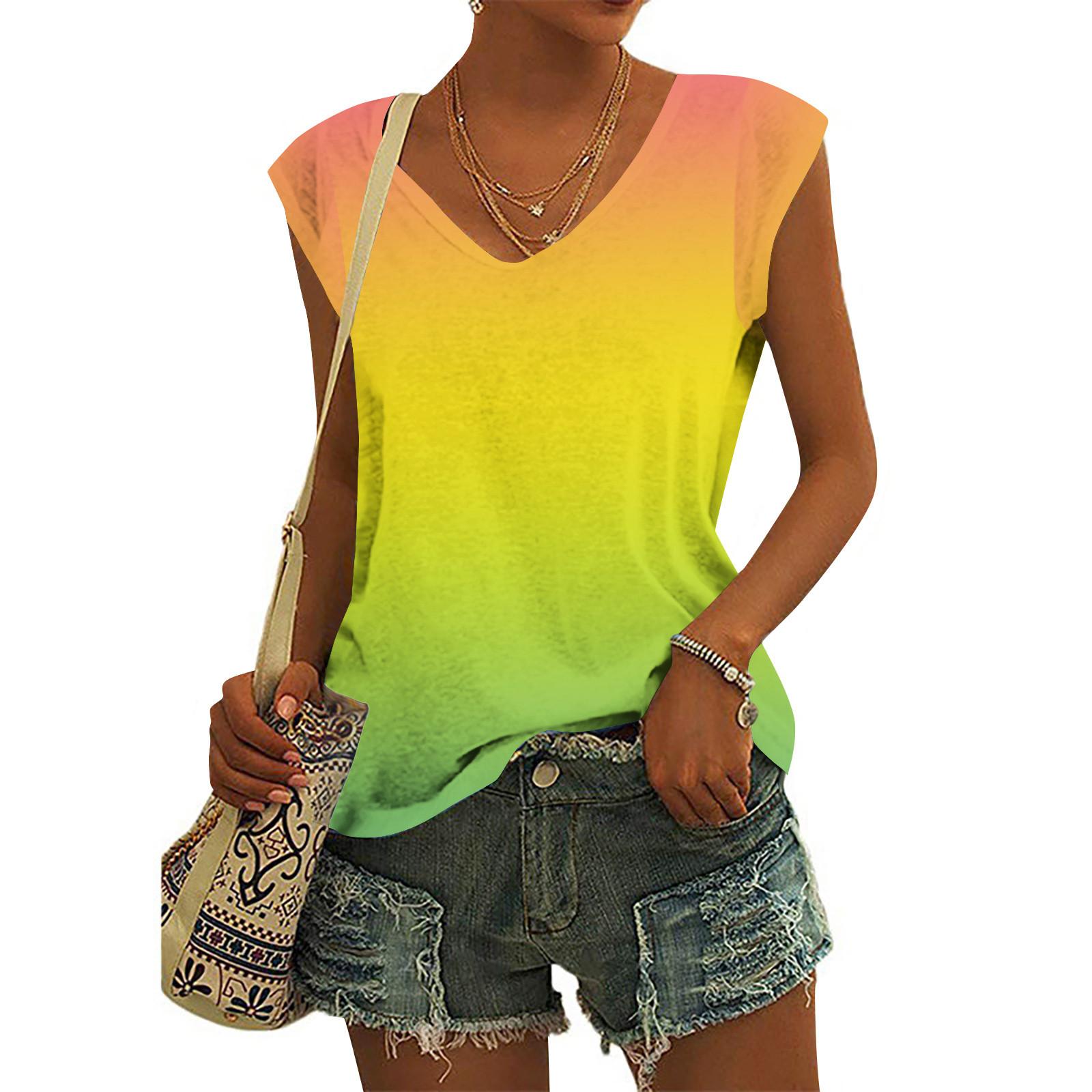 

Женские модные повседневные топы с принтом, рубашки без рукавов, пуловеры с V-образным вырезом, футболки M жёлтый