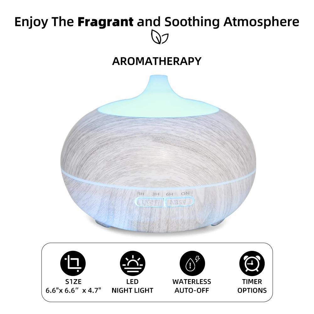 550ml Wood Grain Essential Oil Diffuser  Comes with Remote, 6 Oils & 7 Color LED Mood Light