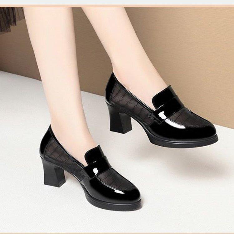 

New Patent Leather Pumps Women - Round Pointed Toe Buckle Strap Chunky Heel Textured Office Shoes Breathable Work Flats 35
