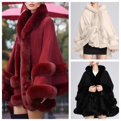 Women 2 Circle Faux Rabbit Fur Cape Poncho Winter Loose Warm Shawl Outerwear Cashmere Cloak Overcoat