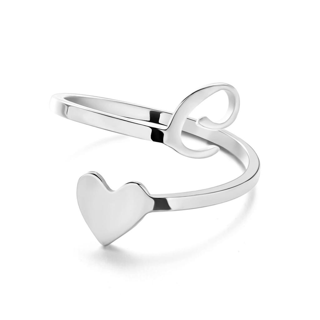 Stainless Steel Heart-Shaped Initial Ring for Women - Fashionable, Adjustable, In Stock