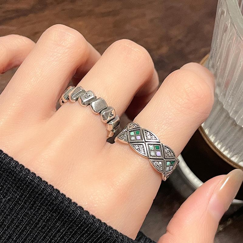Rhombus Drop Glaze Open Ring Women'S Light Luxury Niche Design Retro Set Exquisite High-End Exquisite High-End Ring