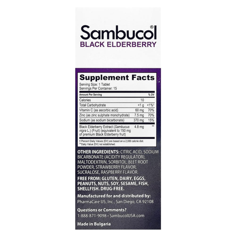 Sambucol Black Elderberry Effervescent Tablets with Vitamin C & Zinc, For Ages 4+, 15 Count