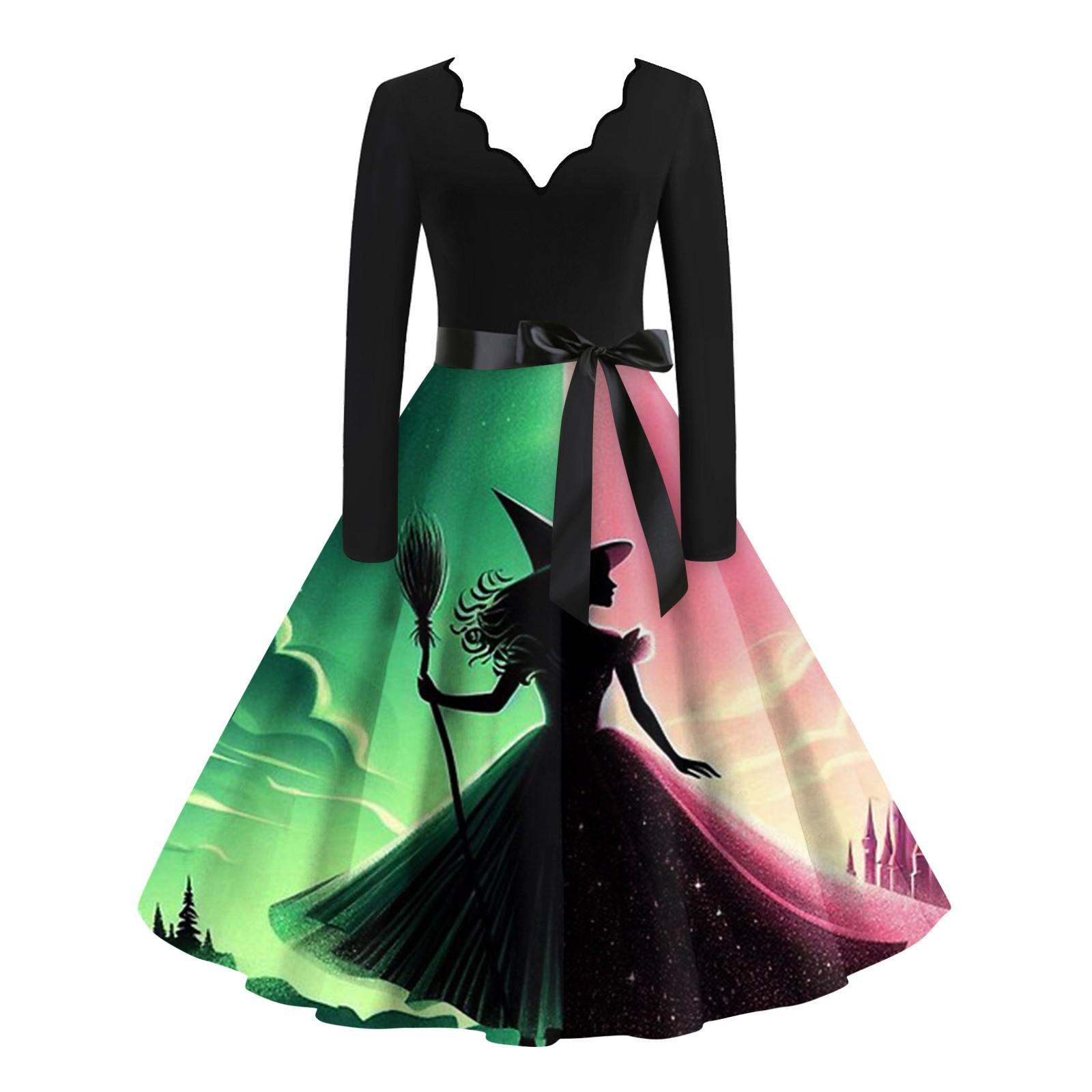 

Жіноча сукня з принтом відьми, V-подібним вирізом, приталеного крою, з високою талією, елегантна, з довгим рукавом, розкльошена XL рожевий