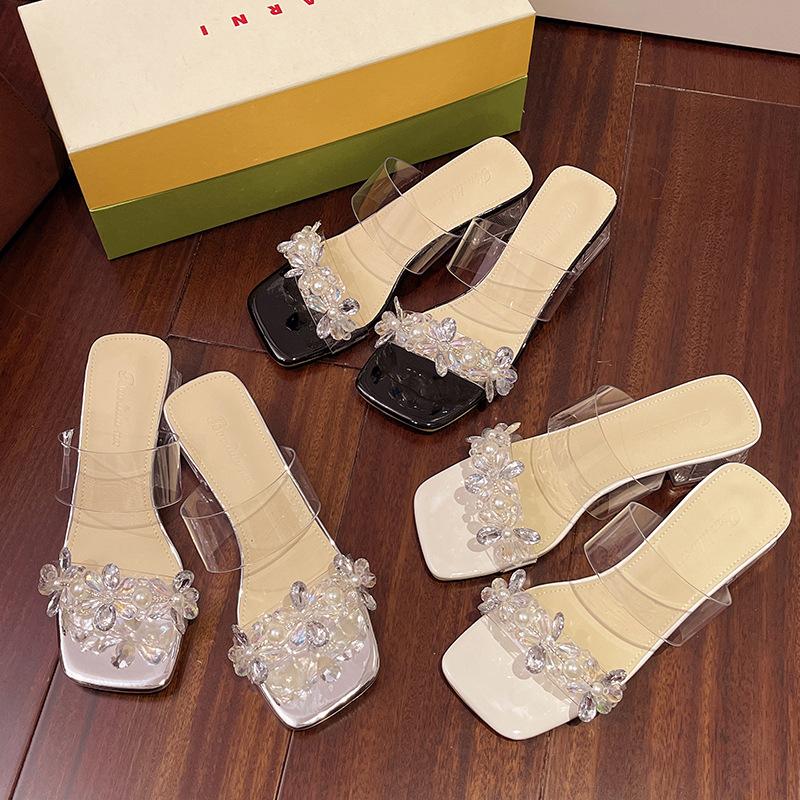 2025 New Transparent Heel Cool Slippers Women's Shoes Summer Wear Fairy Style with Skirt Rhinestone High-heeled Slippers