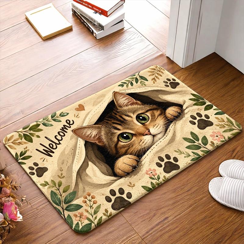1Pcs Cute Cat Welcome Door Mat, 3D Cat Paw Printed Kitchen Rug, Non Slip Washable Floor Mat, Indoor Entrance Carpet, Pet Lover Home Decoration