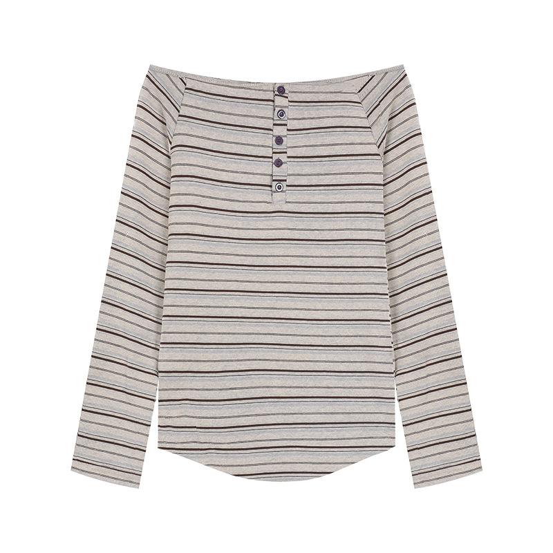 220G Korean Spice Girl Long Sleeve Striped T-Shirt One-word Neck Bottom Shirt Women's Thin Autumn New Loose Top