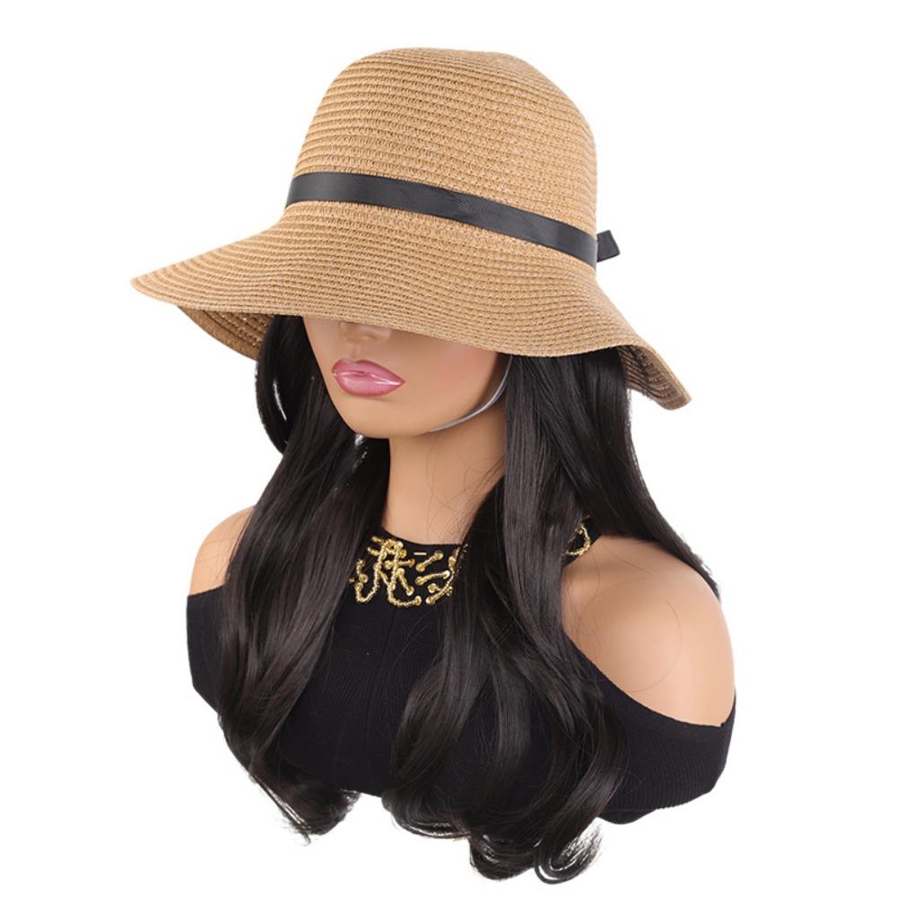 Sun Protection Summer Straw Sun Hat Wig Breathable Long Wavy Curly Hair Vacation Accessory коричневый/чёрный