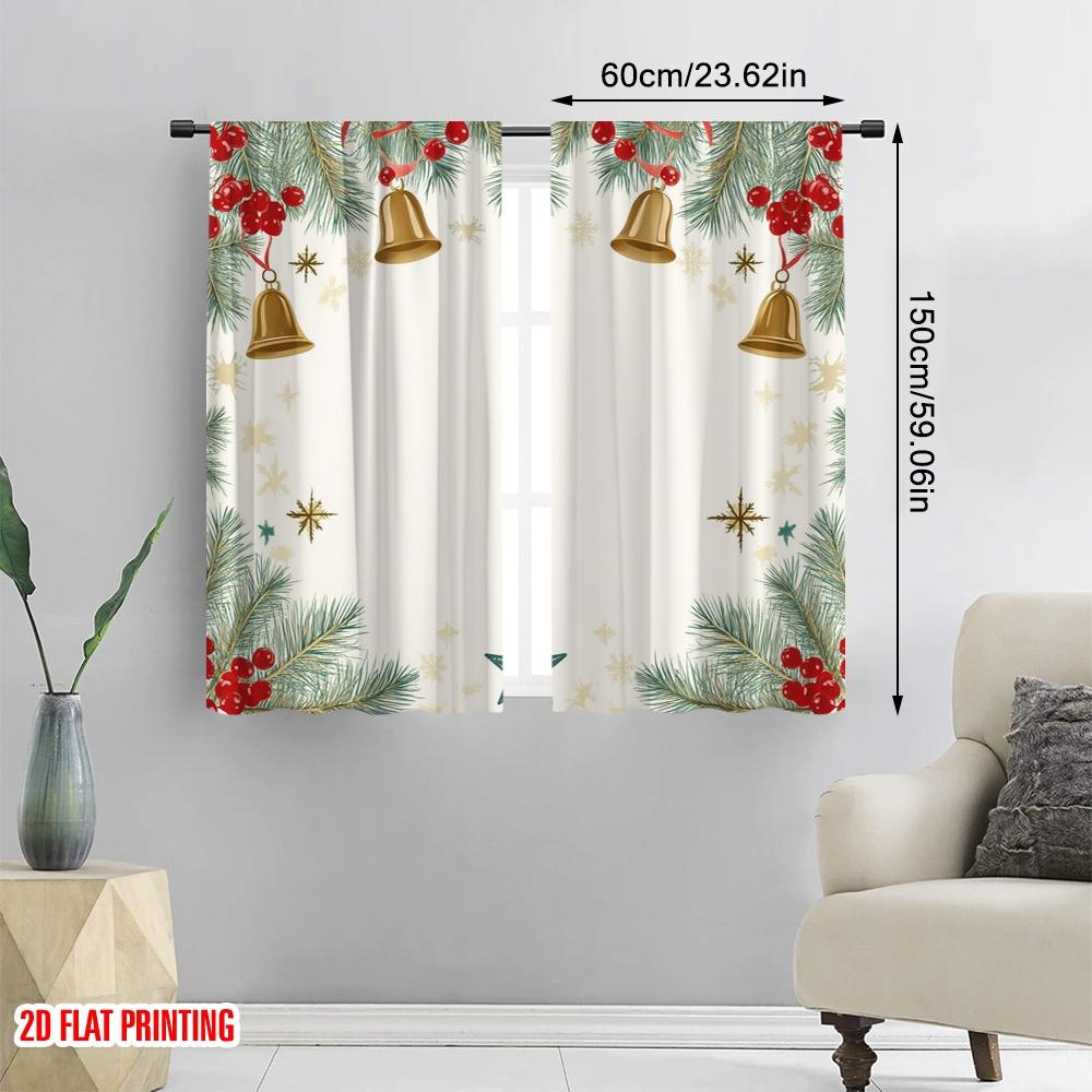 2pcs,2D Plane Printing Curtains Digital Printed Christmas Bells Stars Holly (3) Durable 100% Polyester Fabric (without Rod)