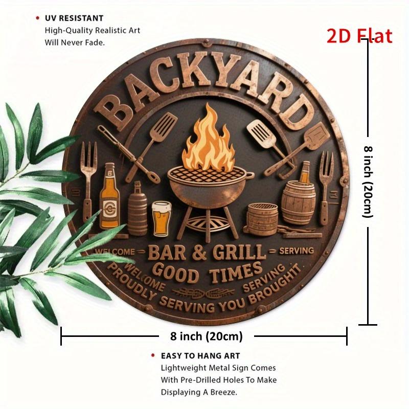 Hisun Tin Sign Retro Backyard Bar Sign Round Aluminum Wall Decor with Grill Scene for Terrace or Office