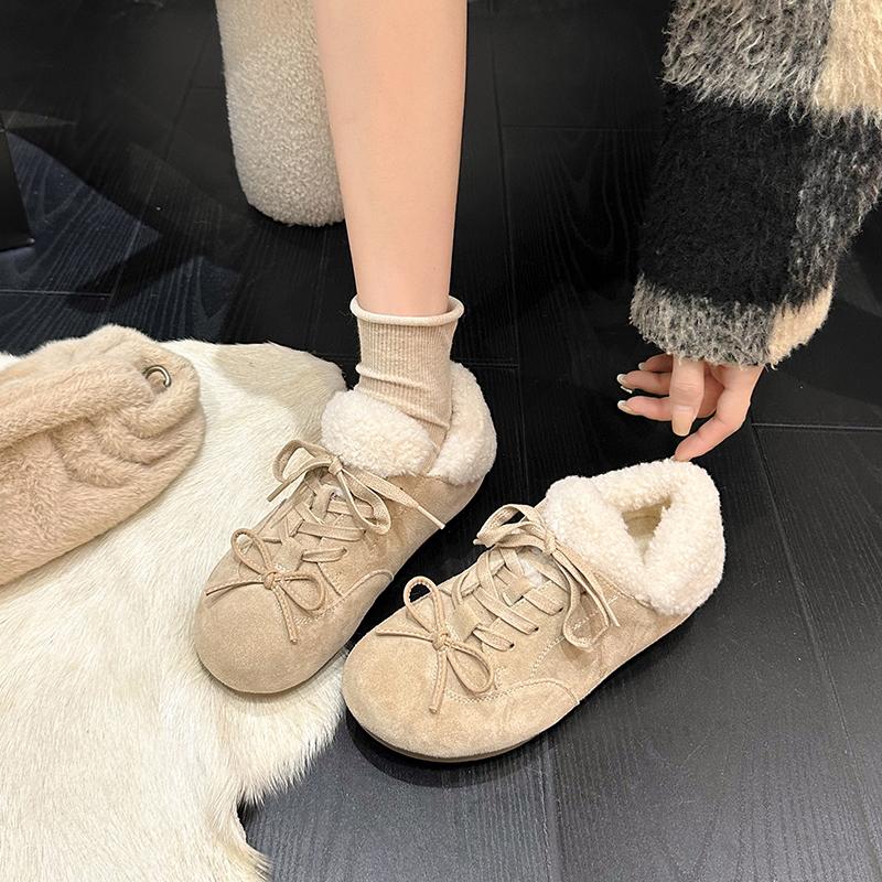 Innen erhöhte Schuhe mit niedrigem Absatz Herbst und Winter Neu Runde Spitze Wildleder Schleife Weiche Sohle Plüschschuhe für Damen