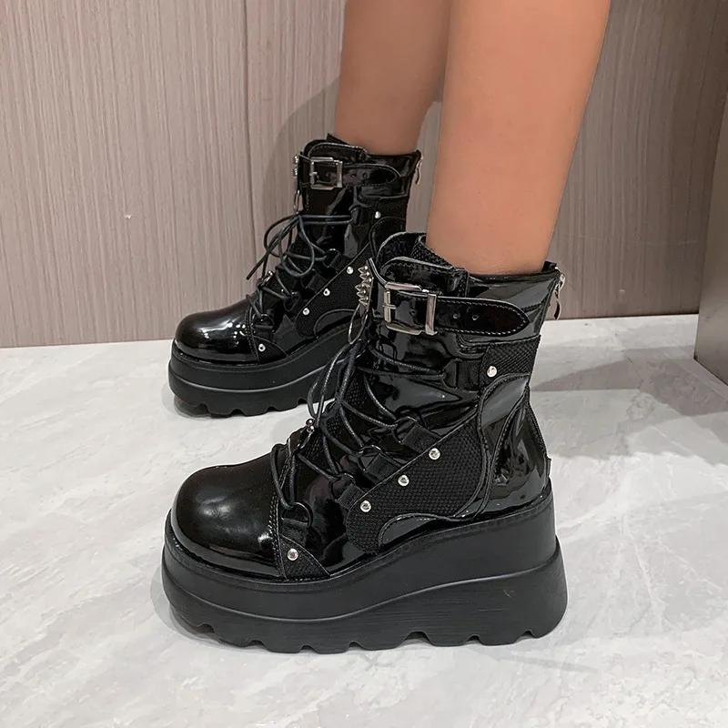 Cosplayer Gothic Motocyklowe Buty 2024 Nowa Platforma Gruby Wysoki Obcas Botki Damskie Fajne Koturny Punk Kobieta Czarne Buty Damskie