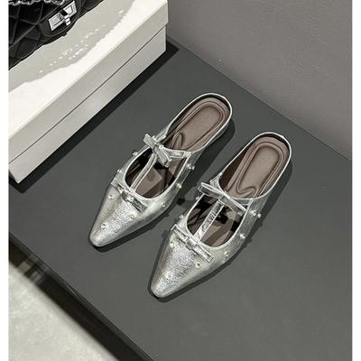 Summer Pointed Rhinestone Bow Single Shoes Women Summer Wear Fashionable Flat Bottom Gentle Half Slippers Women