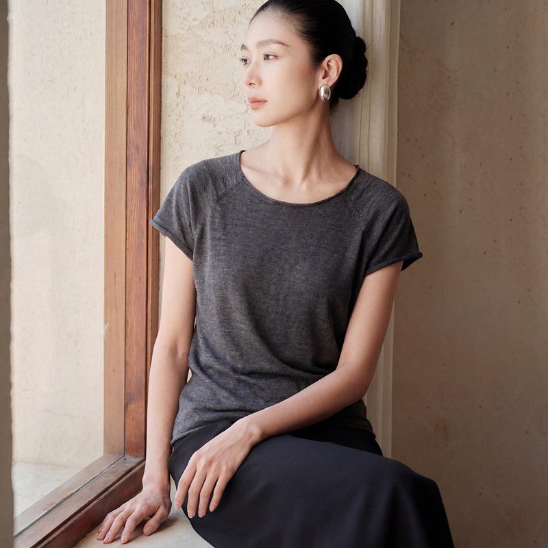 Women's 80-Count Cashmere Batwing Sleeve Knit Pullover - Spring/Autumn Thin Short Sleeve Style