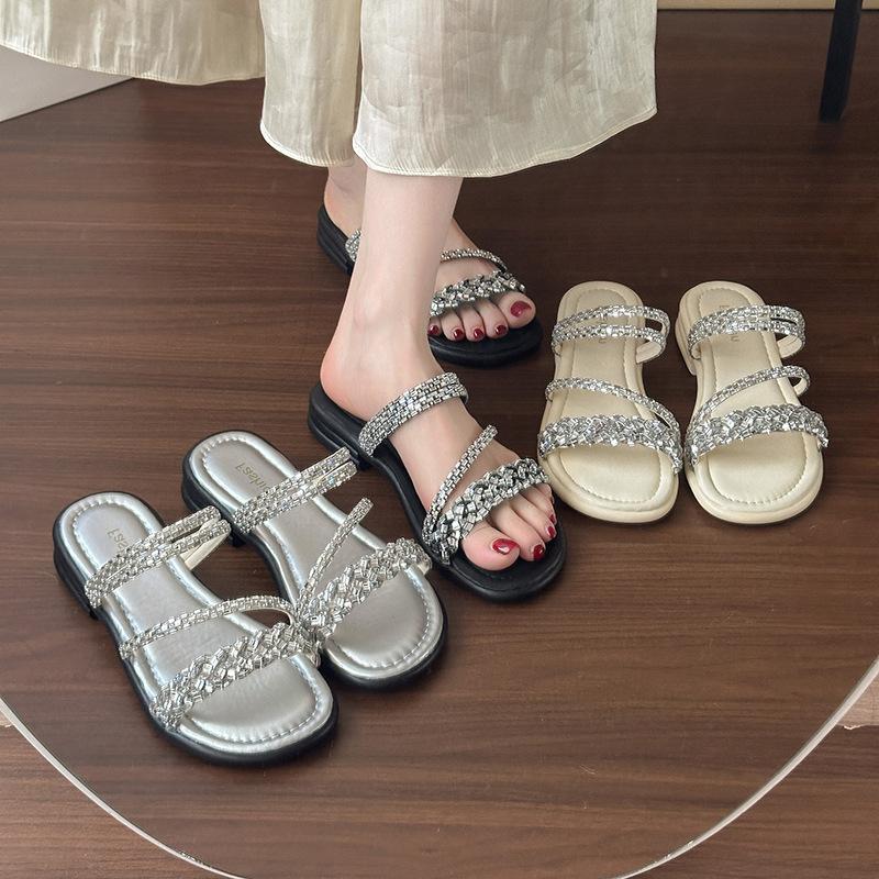 With Fashionable Square Head High Heels Thick Heel Slippers Rhinestone 2025 Summer New Thin Belt Wear Cool Slippers Women