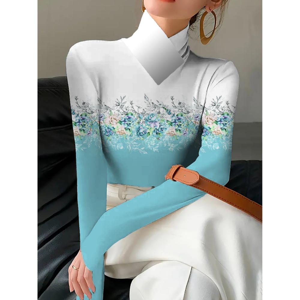 Women's Cheongsam Collar Long-sleeved T-shirt with Blue and White Gradual Change Base Color and Floral Positioning Pattern Print