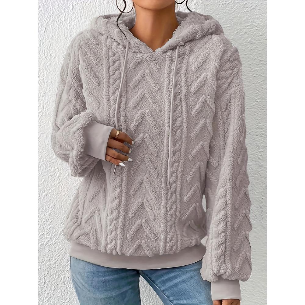 Felpa con cappuccio in pile accogliente da donna, calda, larga, maniche lunghe, tinta unita grigio, pullover casual, pullover invernale casual con cappuccio