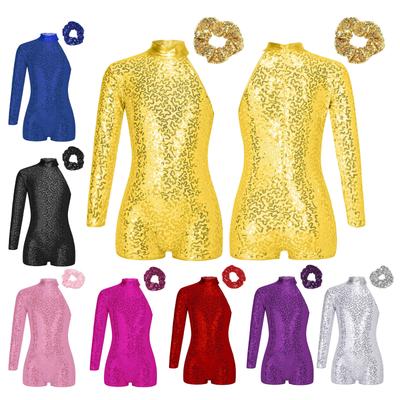Girls Kids Shiny Sequins Gymnastics Leotard Dance Unitards Bodysuit with Hair Tie Dancing Outfits