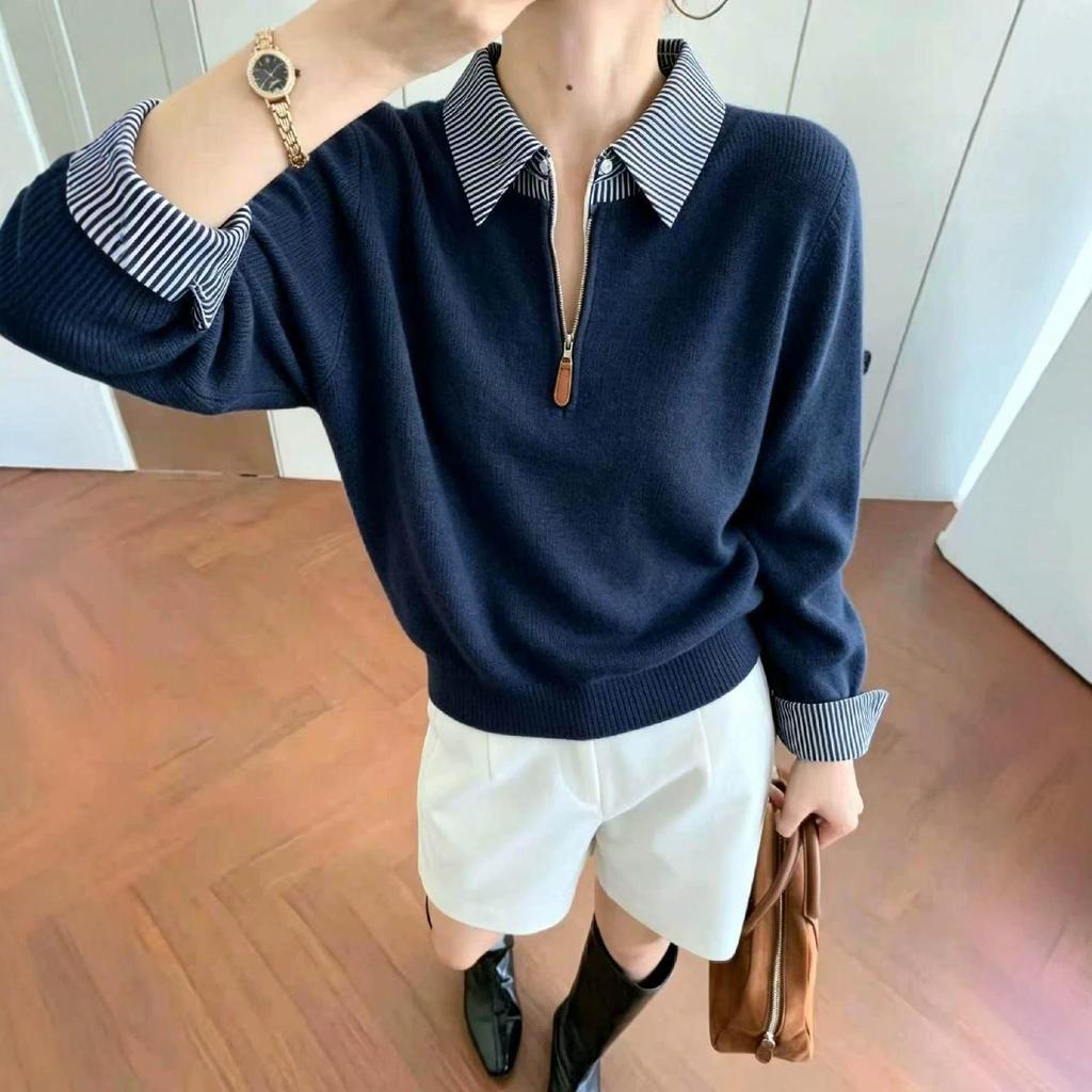 Women's Autumn Half-Zip Knit Sweater with Cross-Stripe Collar and Layered Look