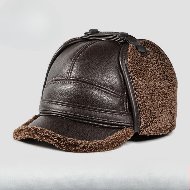 High Quality  Winter Leather Hat Men Fur  Warm Thick Earflaps Bomber Hats Men's Baseball Cap Russian Hat