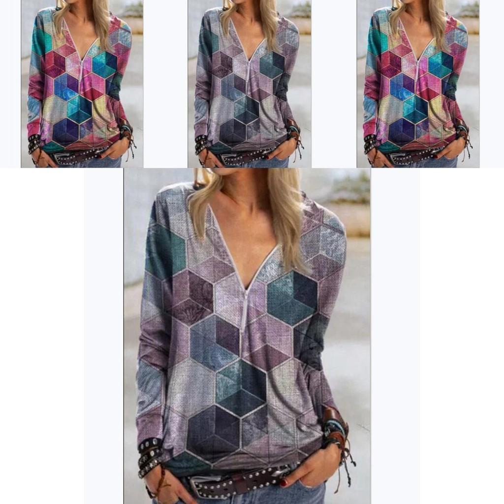 Elegant Ladies Print Pullover Blouse Shirt With V Neck And Zipper For Casual Wear