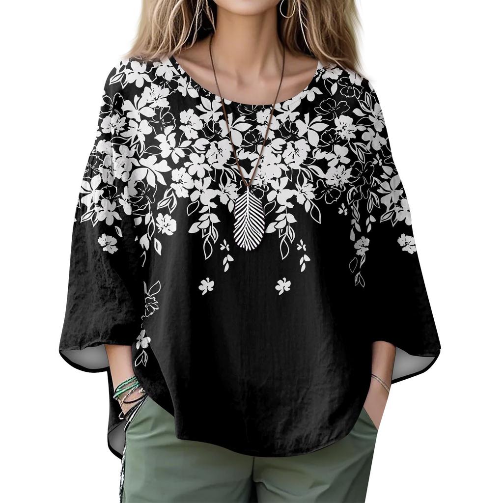 Summer Tops For Women Cute O Neck 3/4 Sleeve Blouses Floral Print Top Casual Shirts