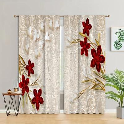 2pcs Luxury Beautiful Red Rose Golden Flowers Printed Curtain Rod Pocket Curtain For Bedroom And Living Room Home Room Decor