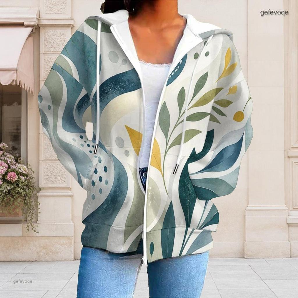 Women Plus Size Zip Up Drawstring Hoodie Tropical Leaf Printed Long Sleeve Sweatshirt With Pockets