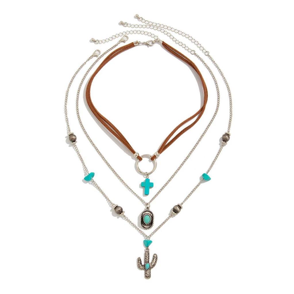 Ingemark 3Pcs/Set Ethnic Cactus Cowboy Hat Cross Pendant Choker Necklace for Women Boho Adjustable Chain Party Neck Jewelry Gift